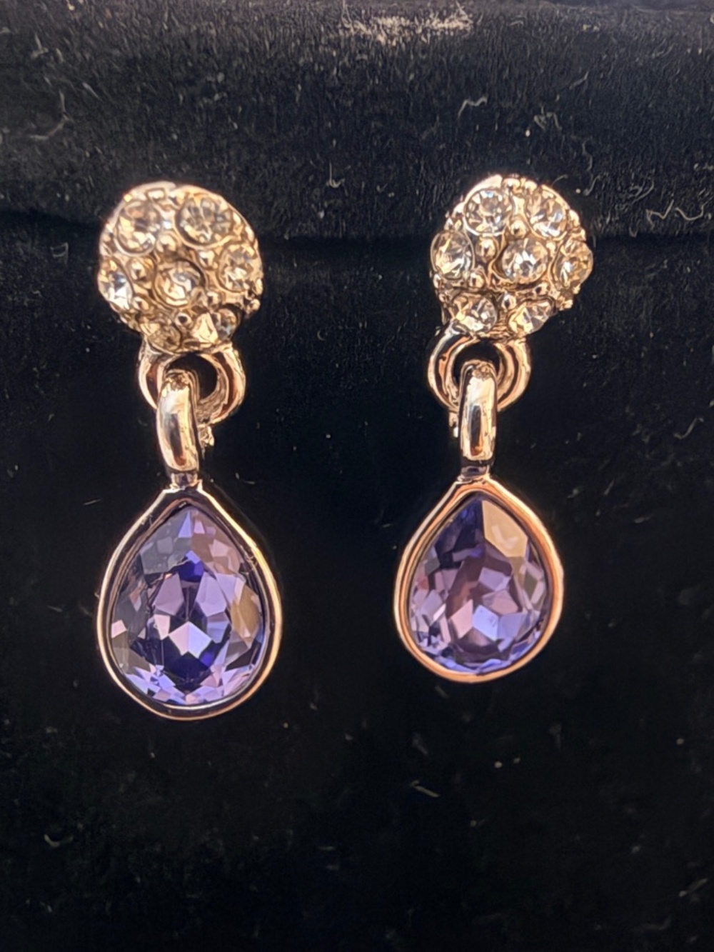 Delicate Pave Rhinestone & Lavender Crystal Teardrop Dangle Earrings 19mm